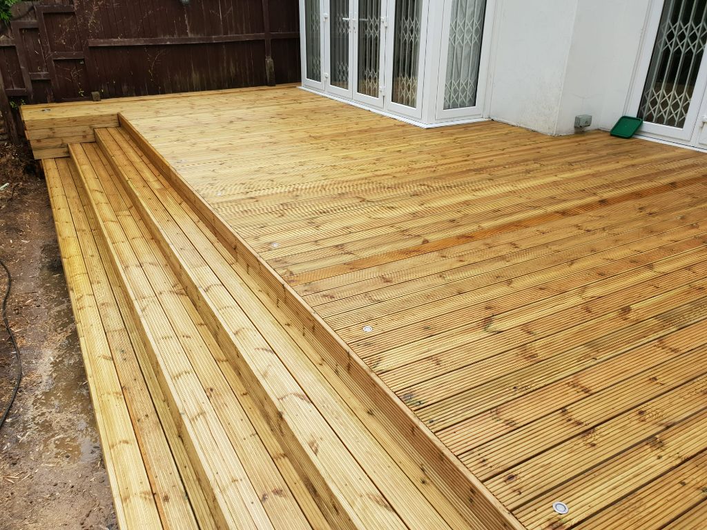 New timber decking with steps and lighting